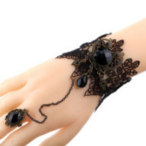 Jewelry - Black Lace Slave Bracelets with Ring Lolita Acrylic Beads Metal for Women